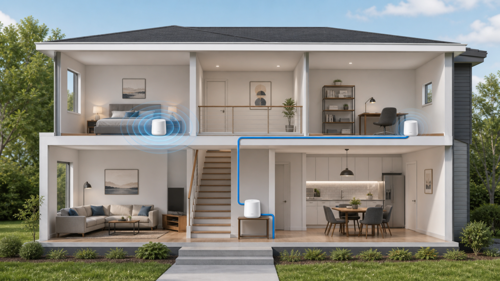 Two-story home mesh WiFi network using Ethernet and wireless backhaul