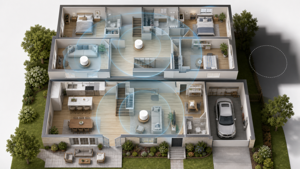 Top-down home layout with three mesh WiFi nodes placed for overlapping coverage