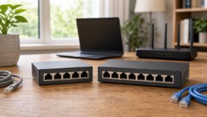 Five-port and eight-port Ethernet switches on a home office desk