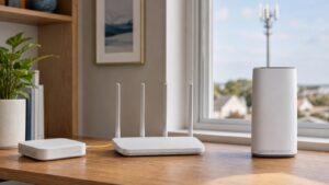 Fiber internet equipment and a 5G home internet gateway on a desk