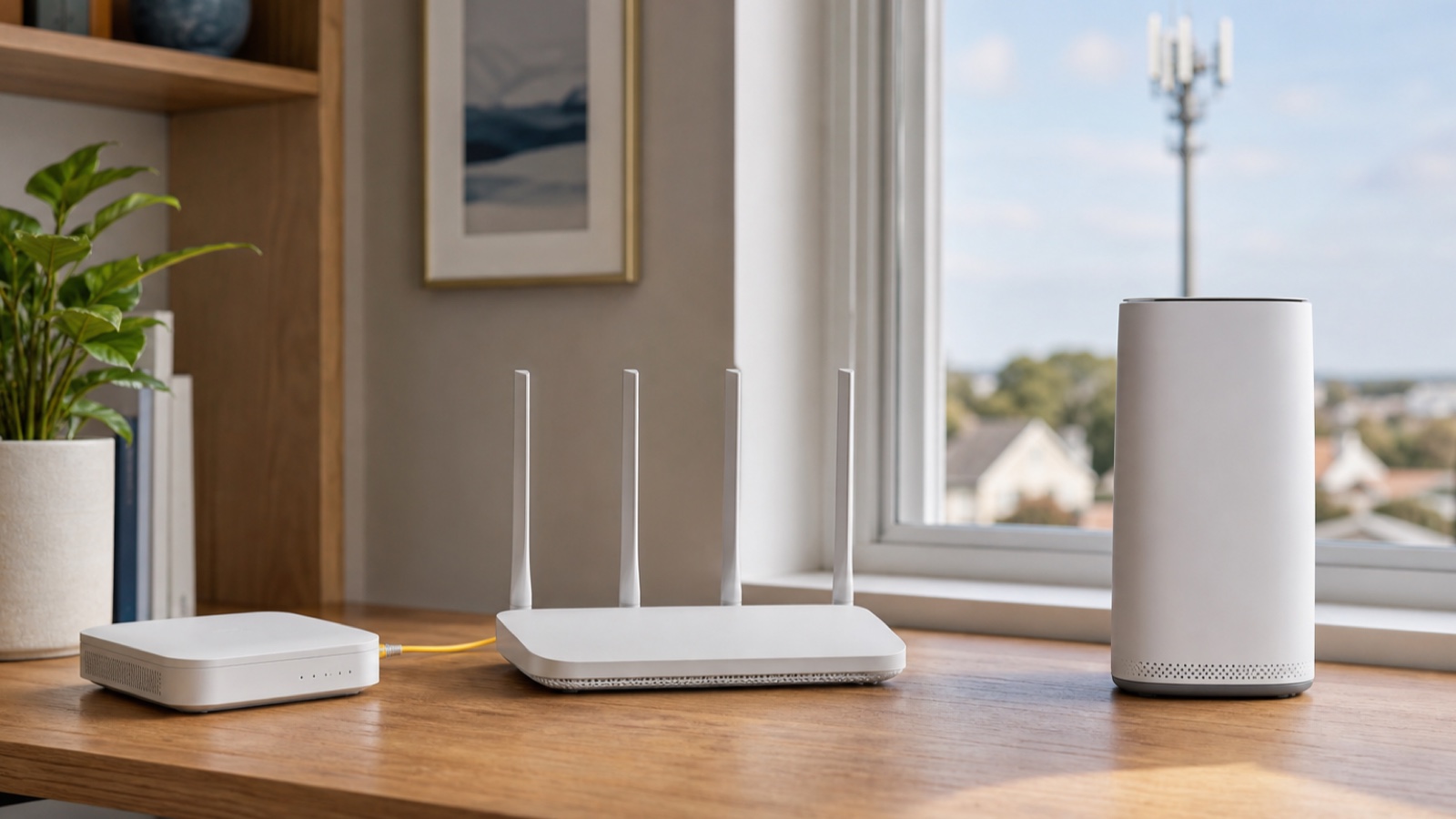 Fiber internet equipment and a 5G home internet gateway on a desk