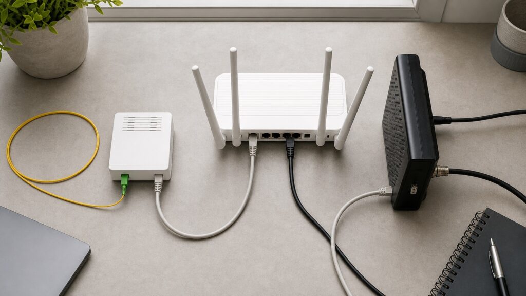 Fiber optic cable and coax cable connect to separate home internet devices