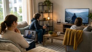 Household shares one internet connection for a video call, gaming, and TV streaming