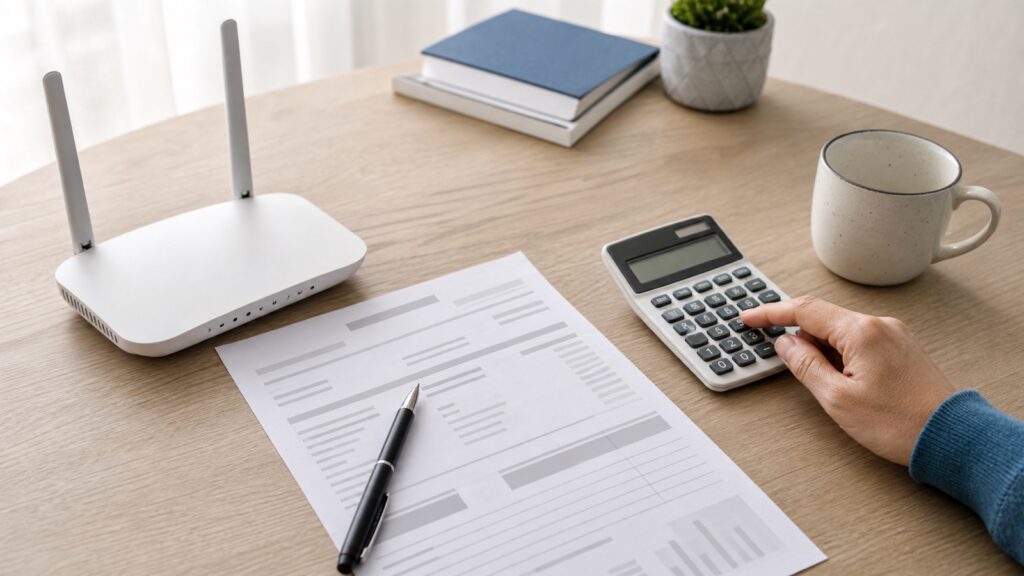 Home internet bill, WiFi router, and calculator on a desk