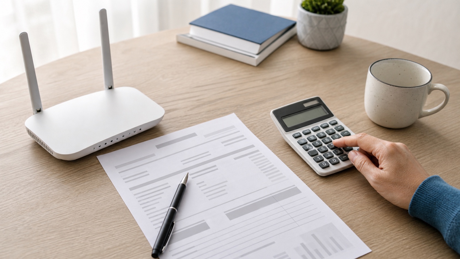 Home internet bill, WiFi router, and calculator on a desk