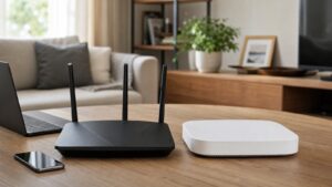 Older black WiFi router beside a newer white router in a living room