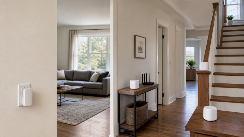 Wall plug WiFi extender compared with three mesh WiFi nodes in a two-story home