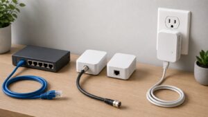Ethernet cable, coax adapter, and powerline adapter on a home desk