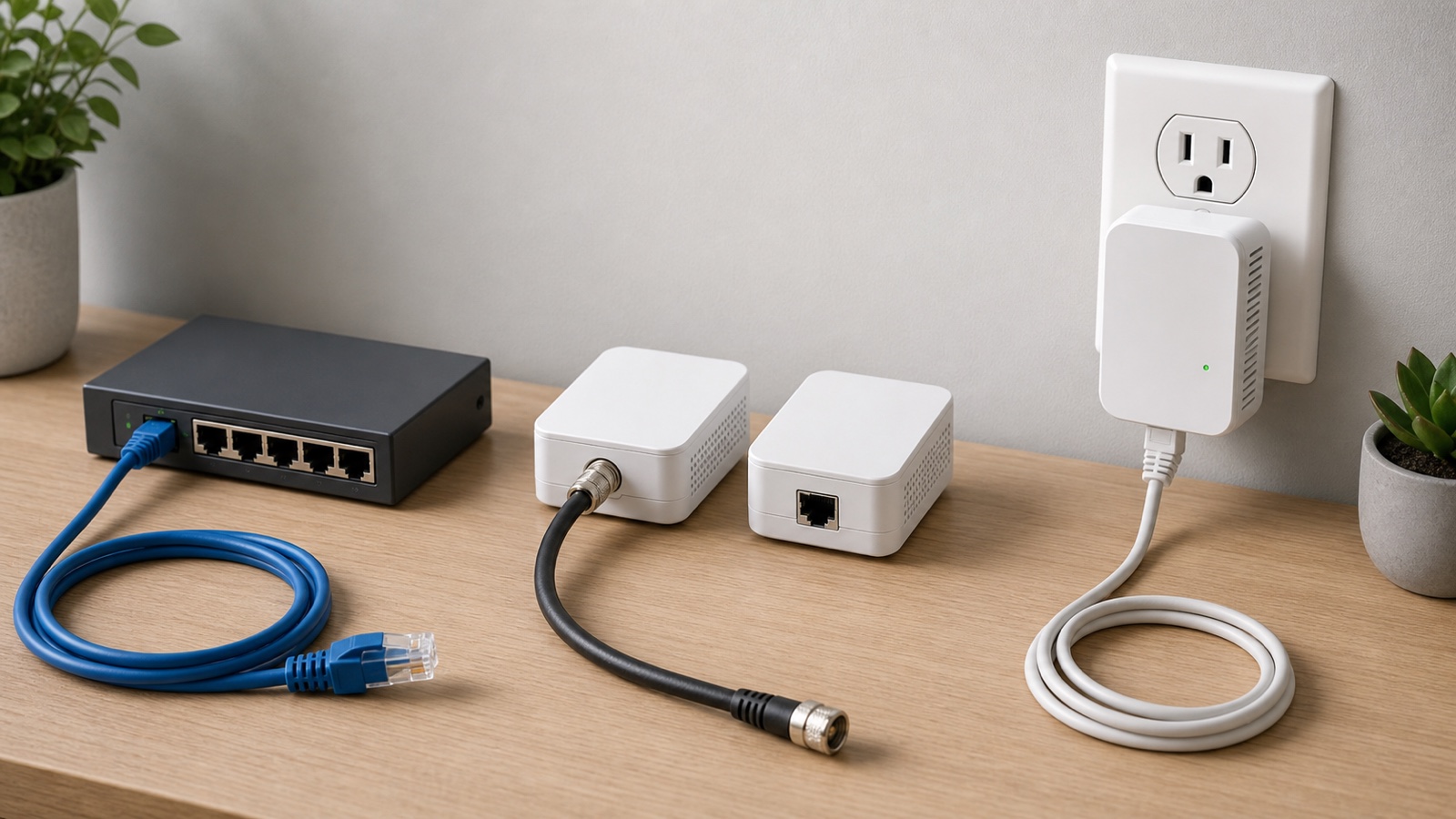 Ethernet cable, coax adapter, and powerline adapter on a home desk