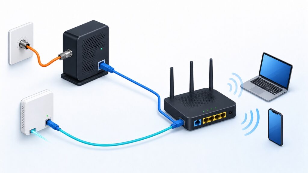 Cable modem and fiber ONT shown as alternative connections to a home WiFi router