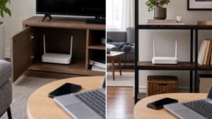 WiFi router inside a cabinet compared with the same router on an open shelf