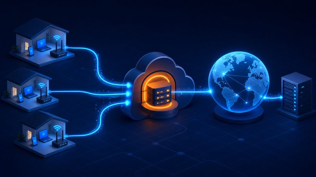Three home networks sharing one public IPv4 address through an ISP CGNAT gateway