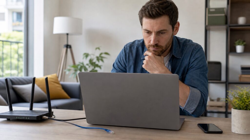 Smartphone sharing a hotspot beside a laptop and home WiFi router on a desk