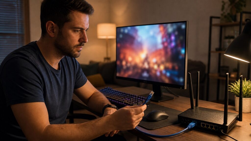 Renter reviewing a lease beside a laptop, WiFi router, and apartment keys