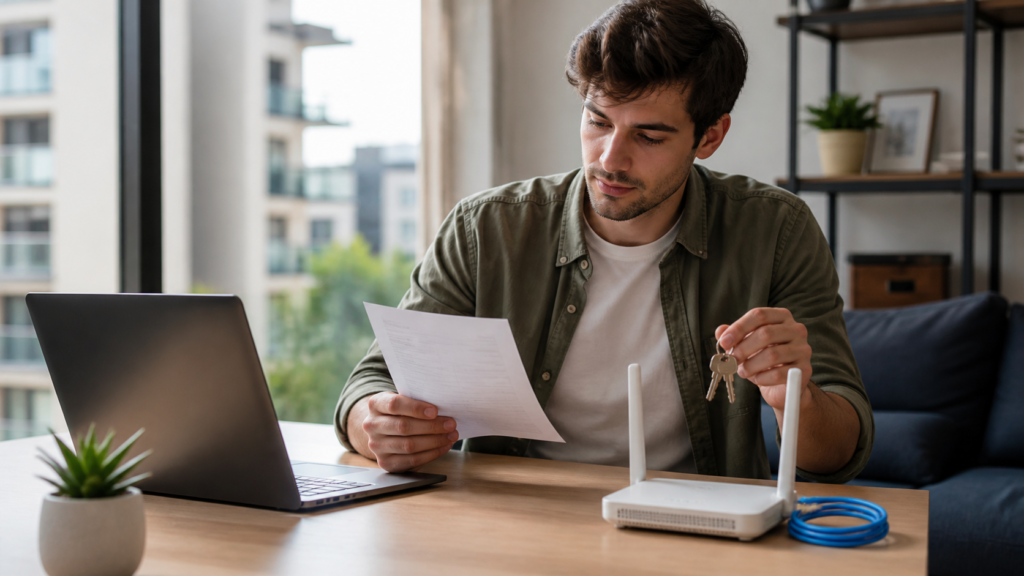 Renter compares home internet options beside a gateway and apartment keys