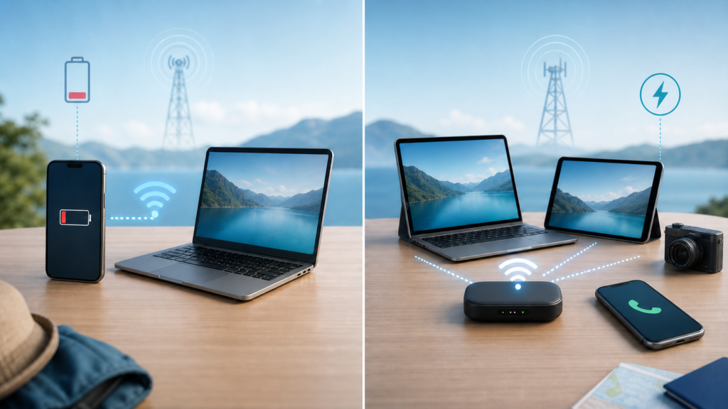Dedicated mobile hotspot compared with a phone hotspot for several travel devices
