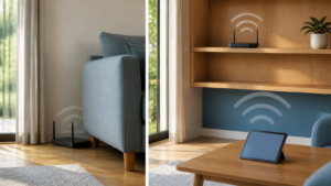 WiFi router on the floor compared with the same router on an open elevated shelf