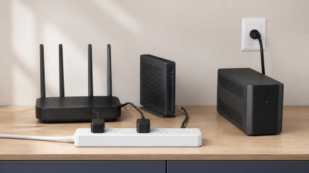 Router and modem connected to a power strip beside a separate UPS option