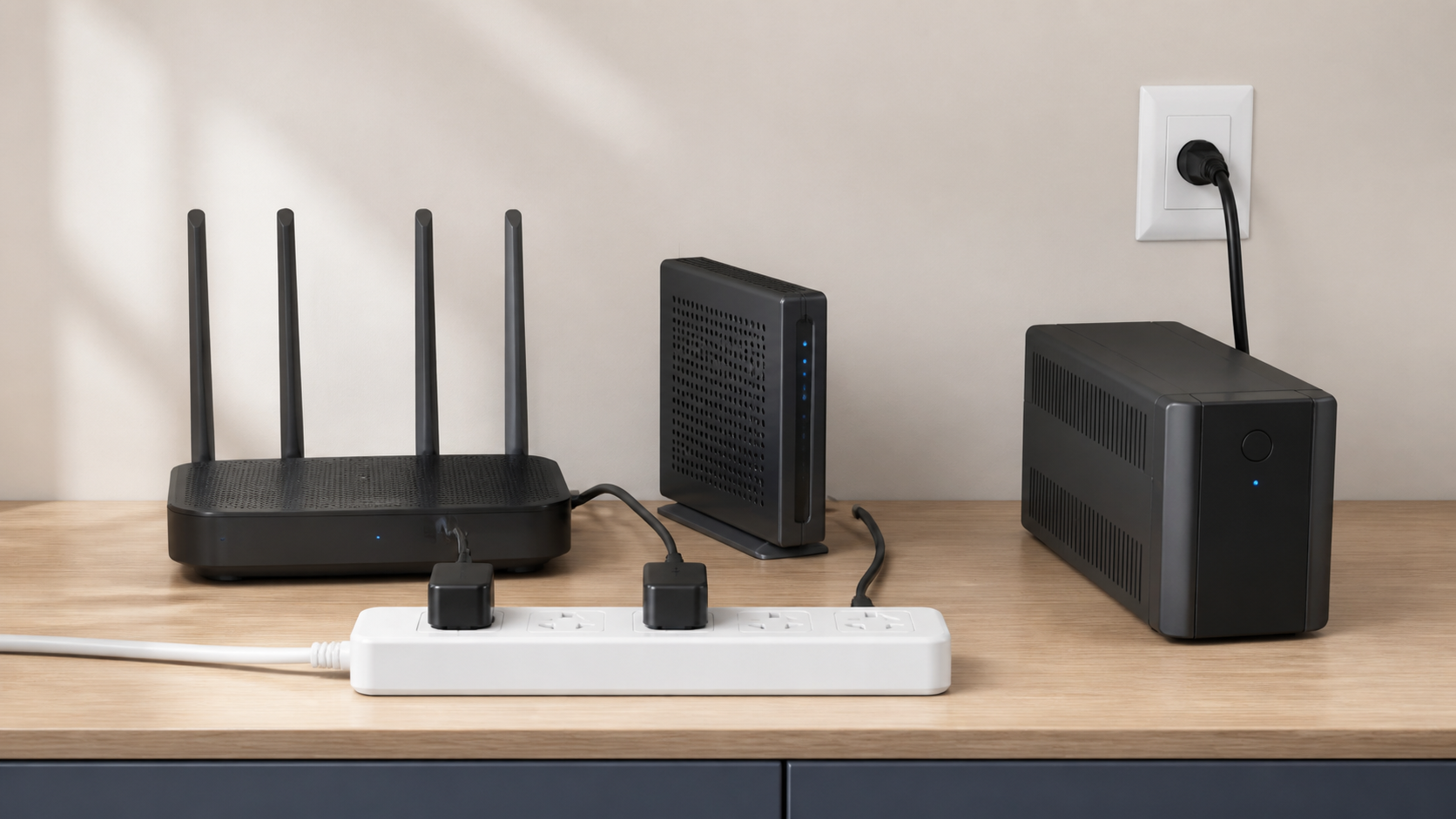 Router and modem connected to a power strip beside a separate UPS option