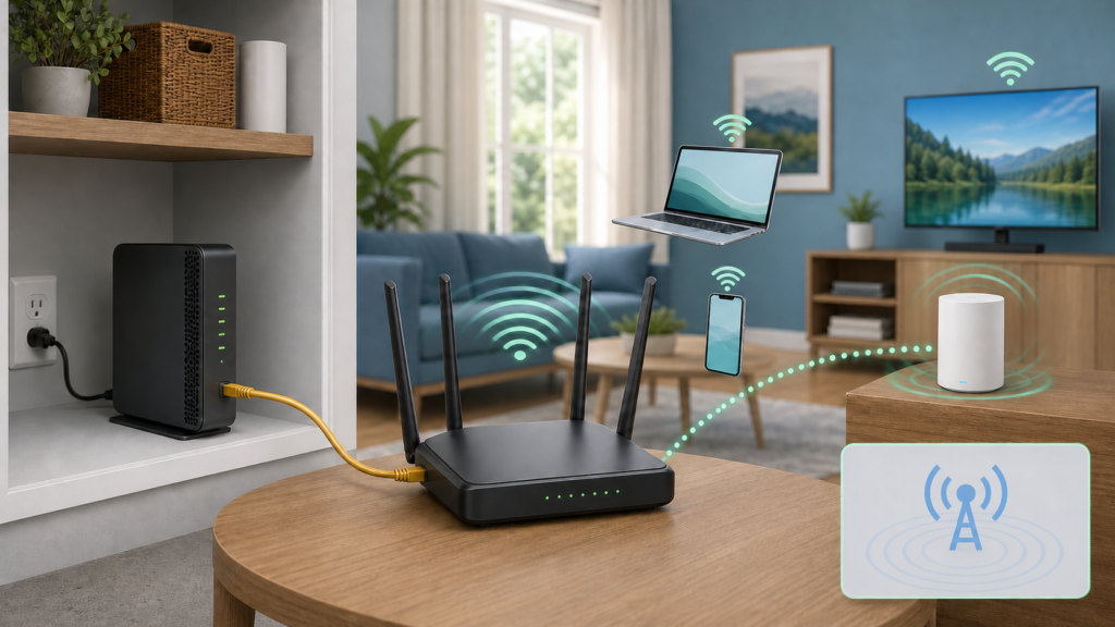 Main WiFi router connected to a modem by Ethernet while home devices connect wirelessly