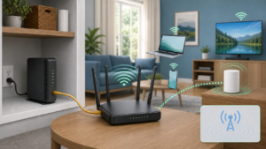 Main WiFi router connected to a modem by Ethernet while home devices connect wirelessly