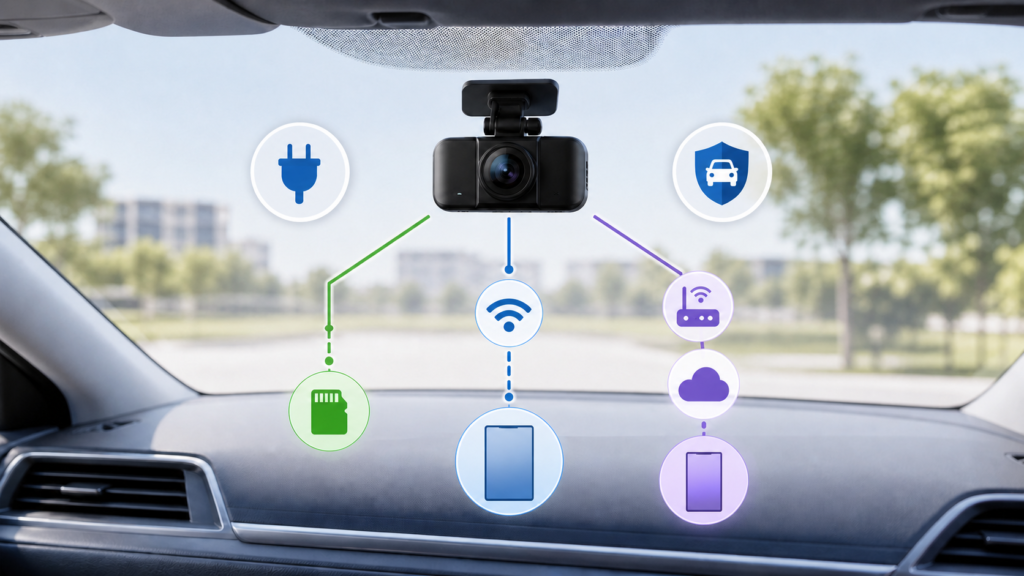 Dash cam with local memory-card recording, a nearby phone WiFi connection and optional cloud access