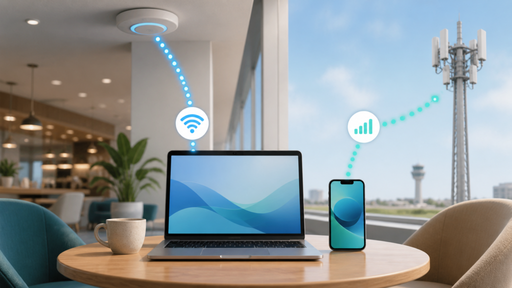Generic traveler compares a cafe WiFi connection with a cellular data connection on a phone and laptop