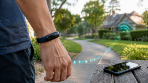 Fitness tracker records a walk offline and later syncs to a phone with optional WiFi