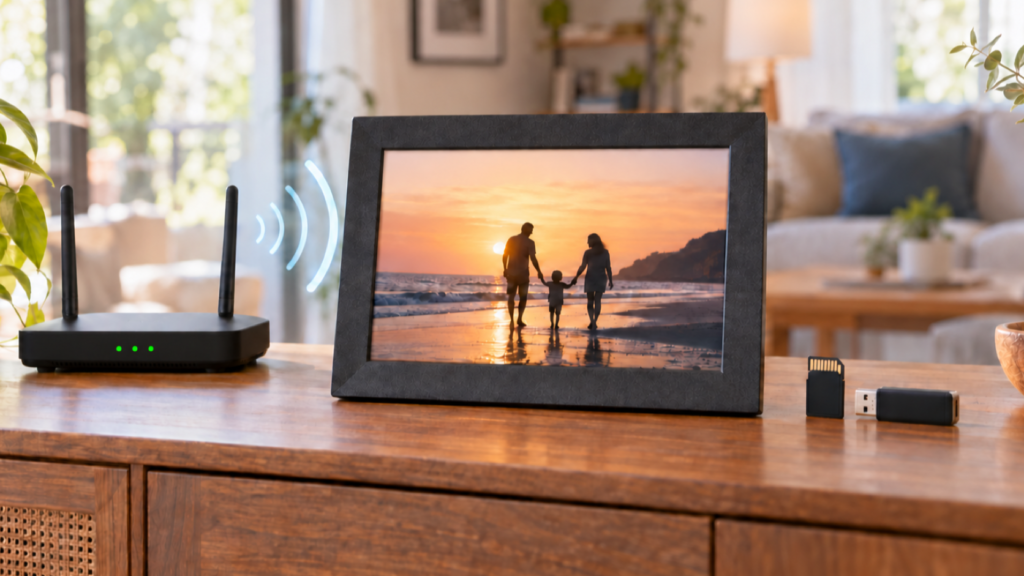 Digital photo frame displays stored family pictures beside a home WiFi router and memory card