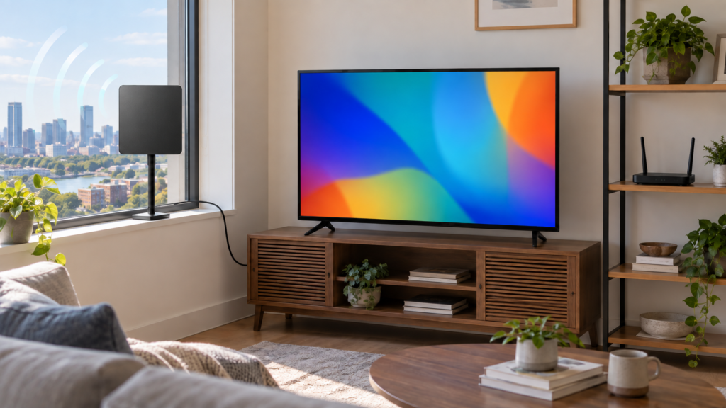 Indoor TV antenna beside a television, with a separate home WiFi router