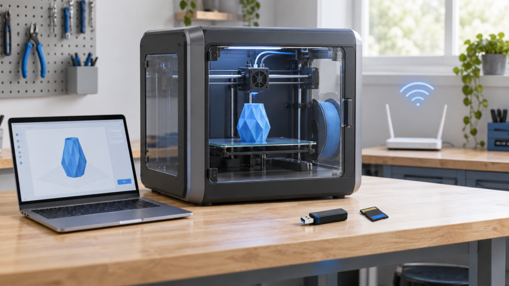 3D printer beside a laptop, USB drive, SD card and home WiFi router