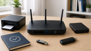 Home router beside a USB drive, external hard drive, printer and cellular modem as possible model-specific uses