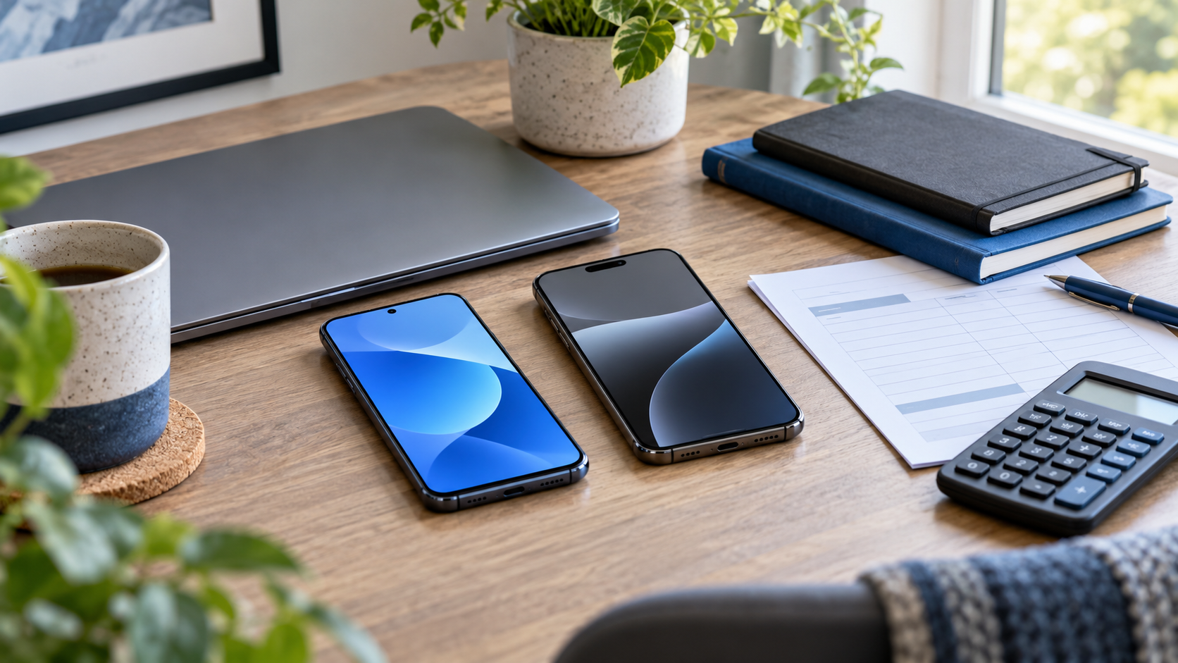 Two unbranded smartphones beside a laptop, calculator, and budget worksheet